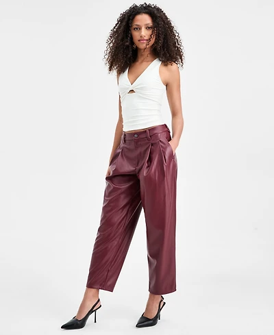 Bar Iii Women's Faux Leather Barrel-Leg Pants, Macy's Exclusive