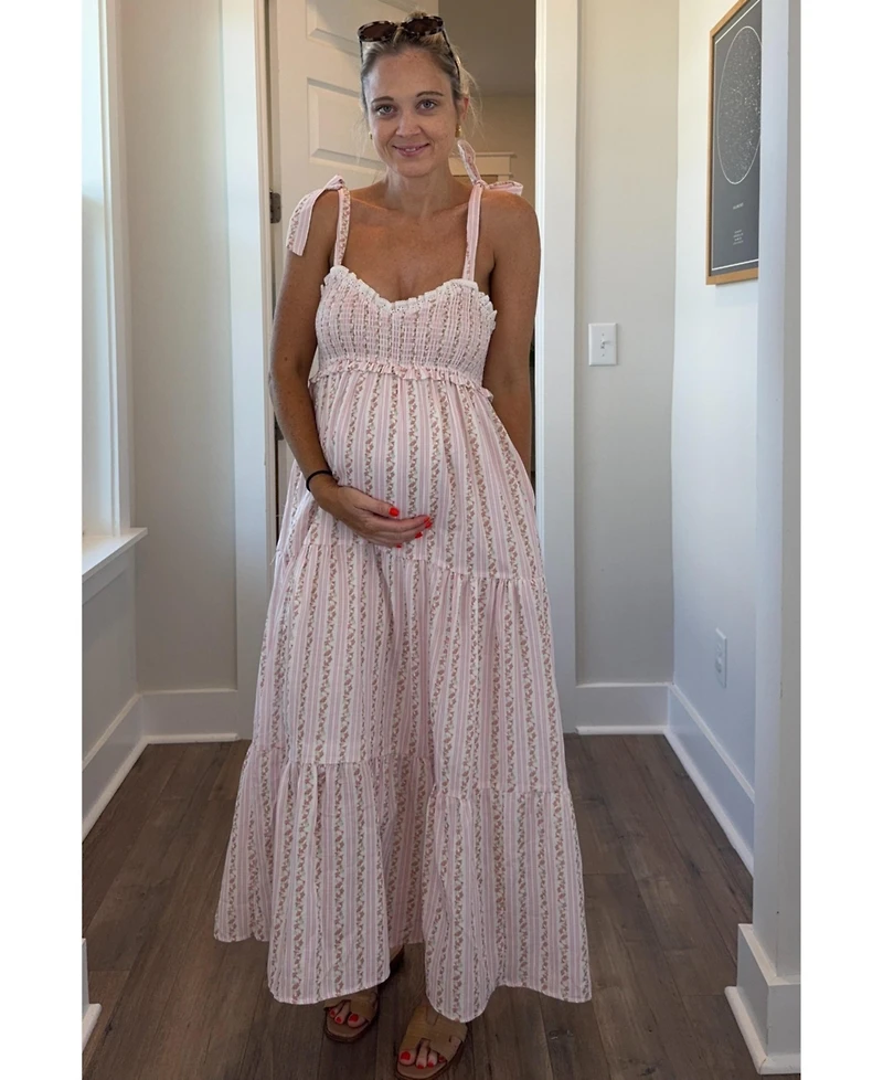 Pinkblush Maternity Floral Striped Smocked Shoulder Tie Maxi Dress