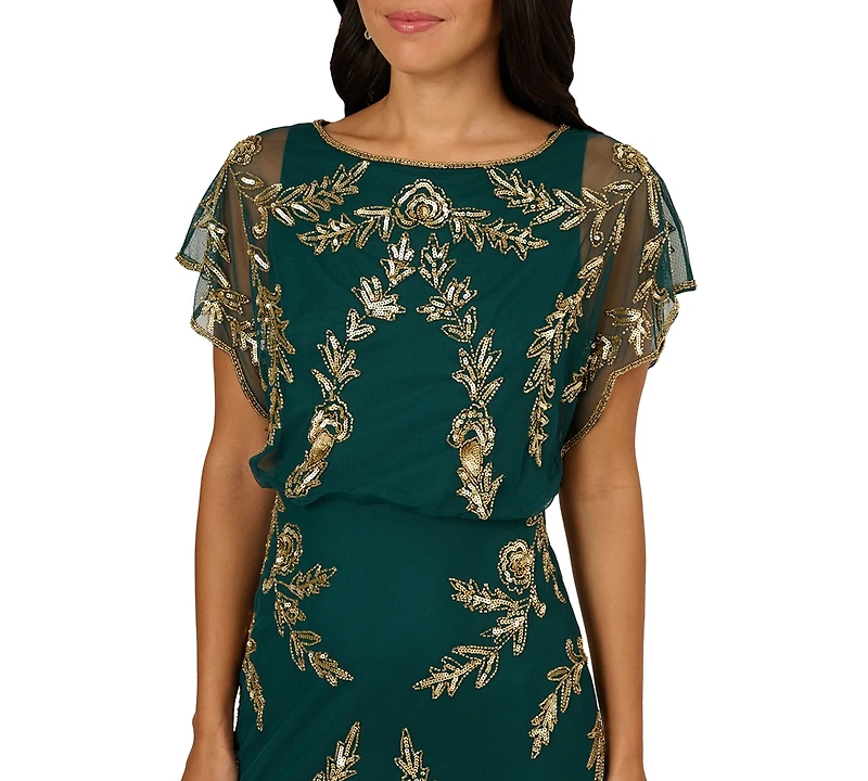 Papell Studio Women's Beaded Flutter-Sleeve Blouson Gown