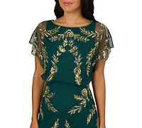 Papell Studio Women's Beaded Flutter-Sleeve Blouson Gown