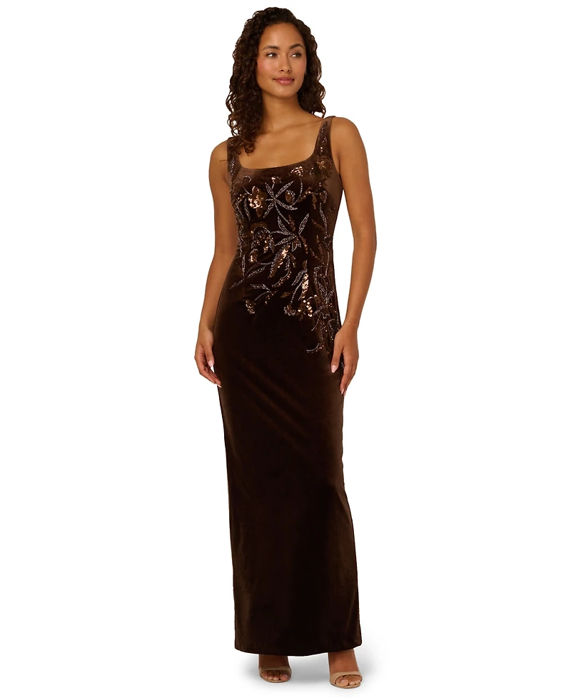Adrianna Papell Women's Velvet Beaded Long Dress