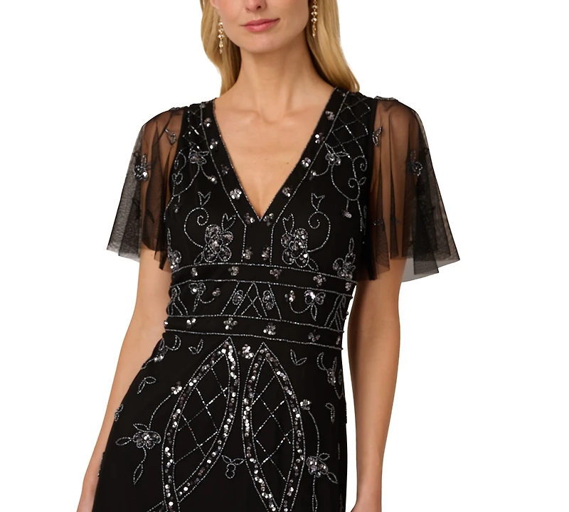 Adrianna Papell Women's Beaded Flutter Sleeve Dress