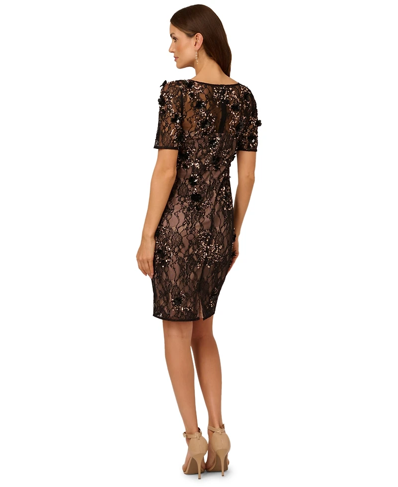 Adrianna Papell Women's Bead Lace Sheath V-Neck Dress