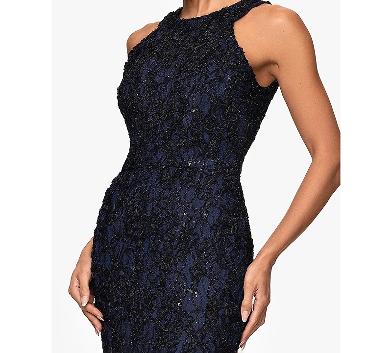 Xscape Petite High-Neck Sleeveless Lace Sheath Gown