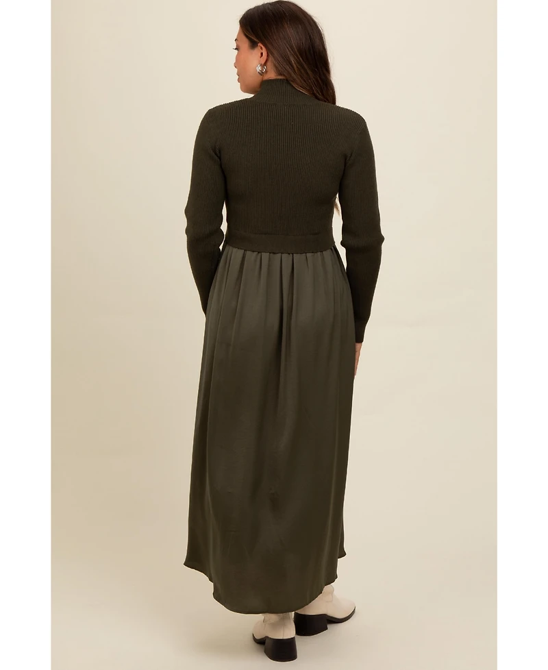 Pinkblush Maternity Olive Knit Contrast Top Satin Midi Dress