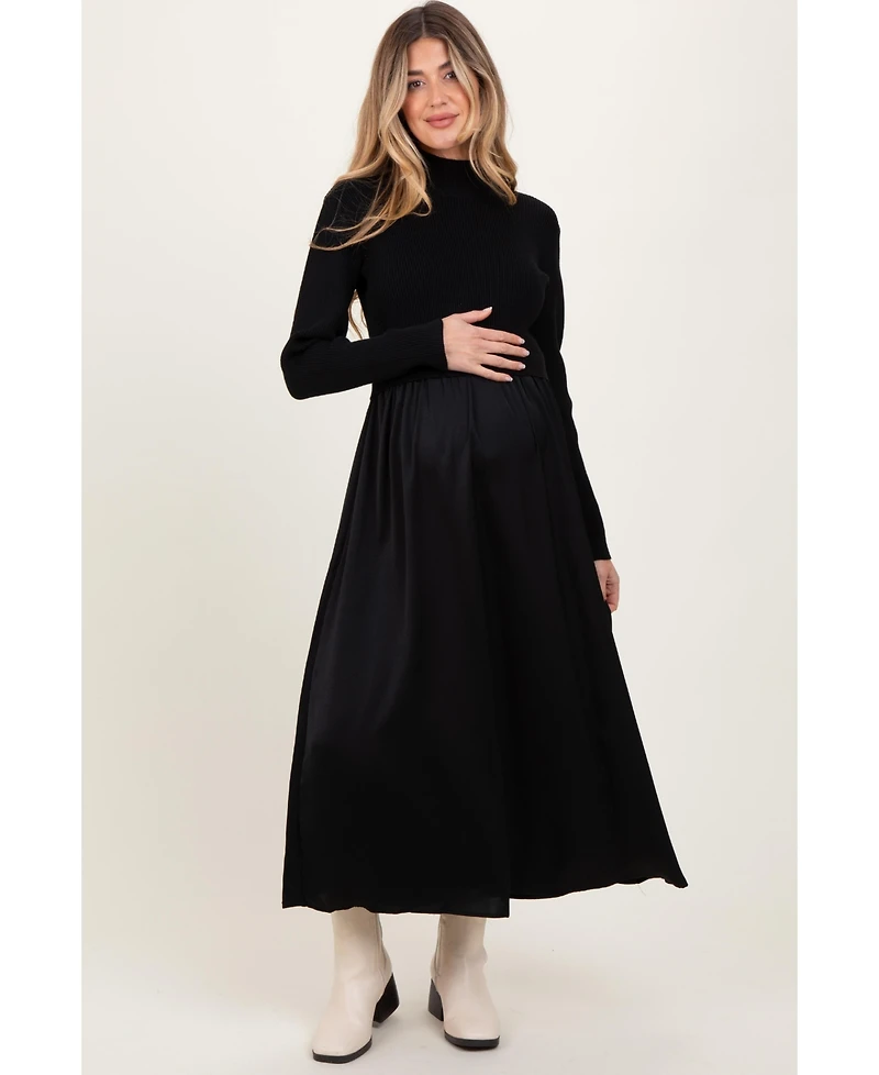 Pinkblush Maternity Olive Knit Contrast Top Satin Midi Dress