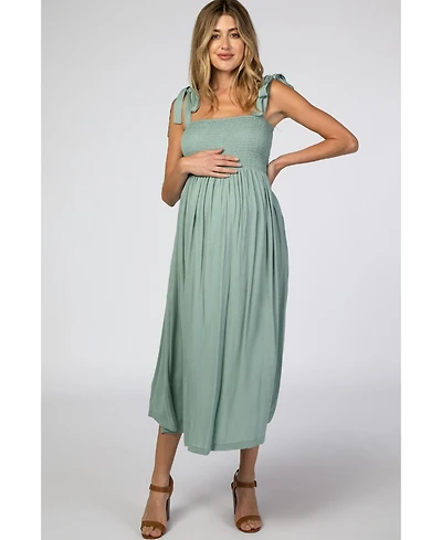 Pinkblush Maternity Beige Smocked Tie Strap Midi Dress