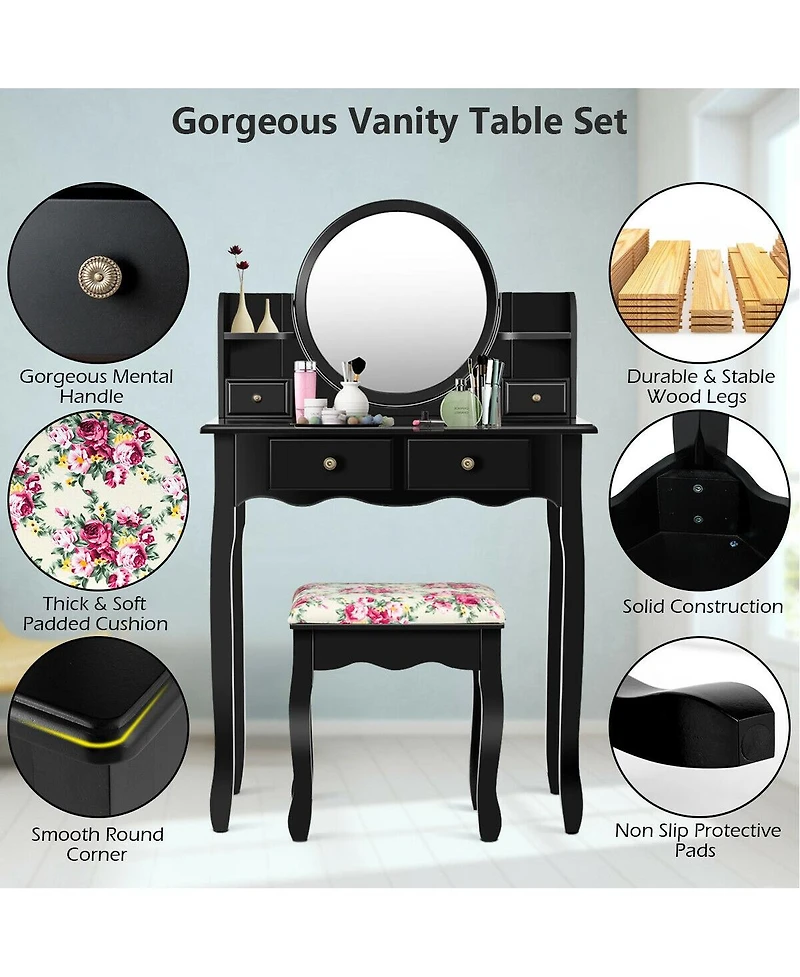 Makeup Vanity Table Set with 360° Pivoted Round Mirror