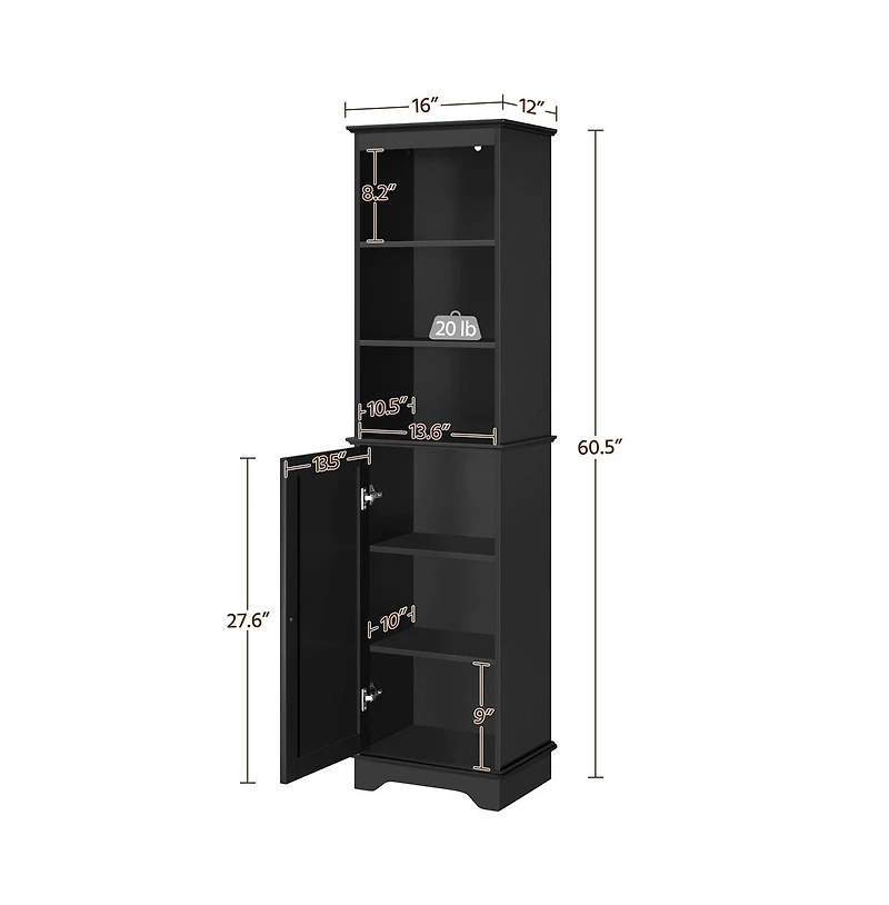 Yaheetech 60.5" H Tall Bathroom Floor Cabinet with Single Door and Shelve Black
