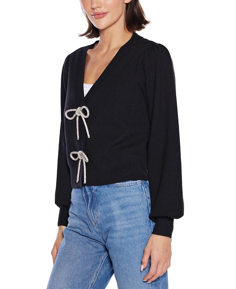 Belldini Women's Rhinestone-Bow Hidden-Snap Cardigan Sweater