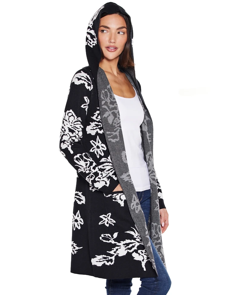 Belldini Women's Hooded Fall Botanicals Coatigan Sweater