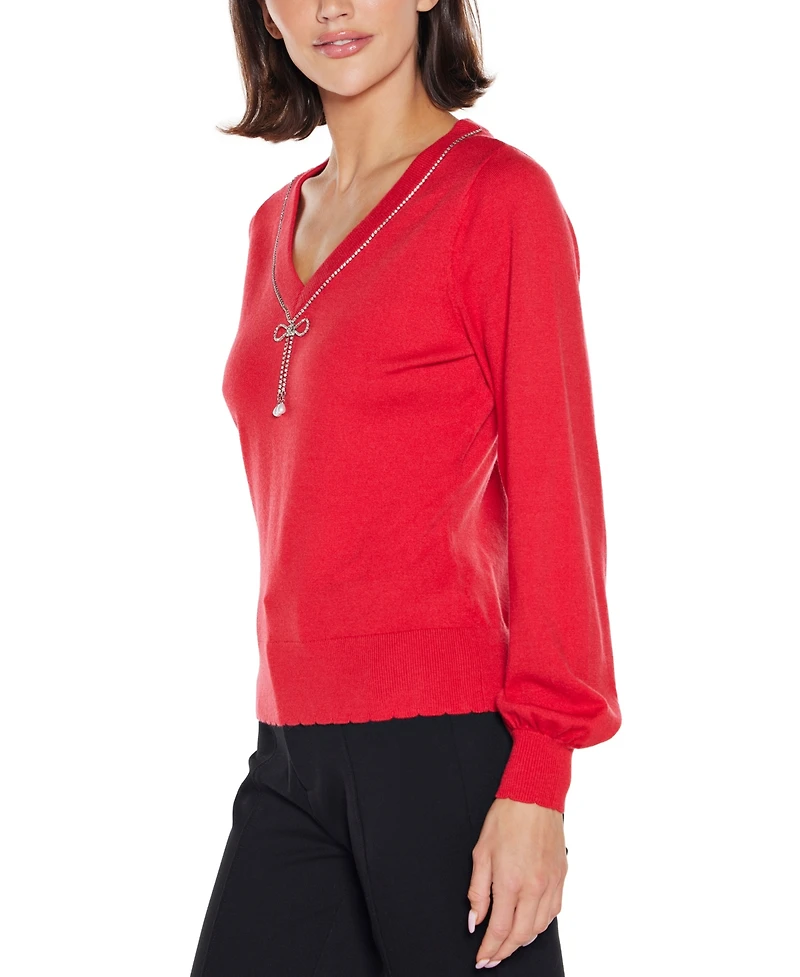 Belldini Women's V-Neck Rhinestone-Bow Sweater