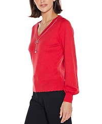 Belldini Women's V-Neck Rhinestone-Bow Sweater