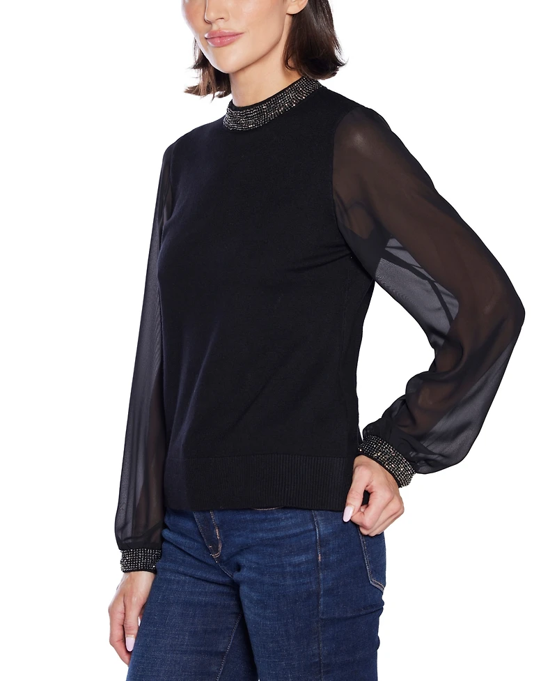 Belldini Women's Black Label Rhinestone-Zip Cardigan Sweater