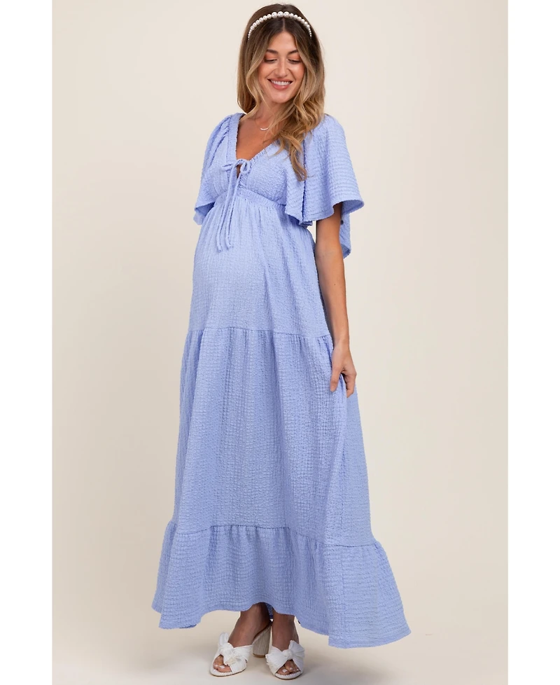 Pinkblush Light Blue Woven Textured Flutter Sleeve V-Neck Tiered Maternity Maxi Dress