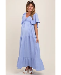 Pinkblush Light Blue Woven Textured Flutter Sleeve V-Neck Tiered Maternity Maxi Dress