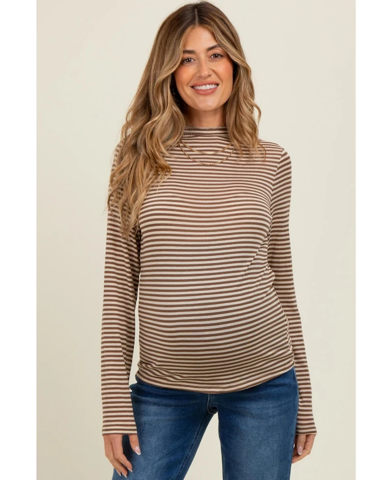 Pinkblush Mocha Striped High Neck Maternity Long Sleeve Top