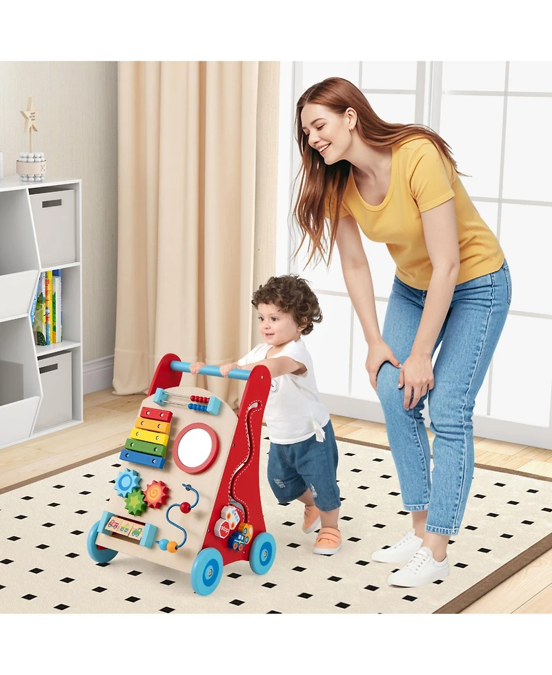 Gymax Wooden Baby Walker Baby Push Walker w/ Handle Storage & Wheels Walker Toy