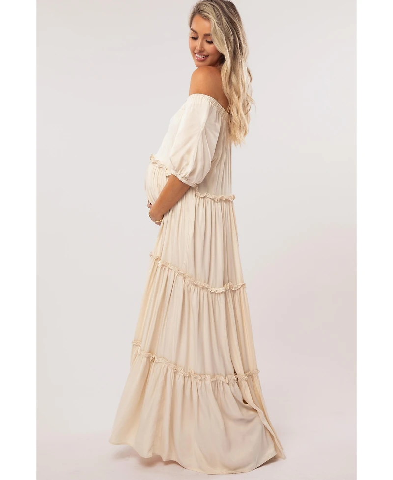 Pinkblush Cream Off Shoulder Ruffle Tiered Maternity Maxi Dress