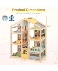 Wooden Dollhouse for Kids Modern Family Pretend Playhouse with Furniture Pieces and Figures