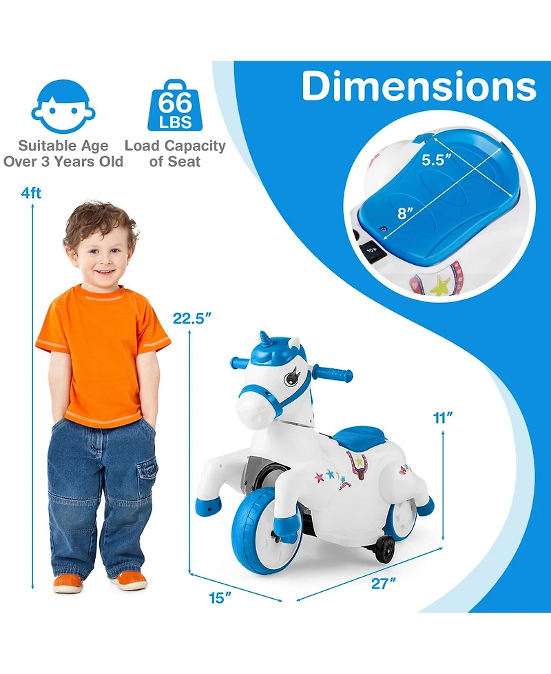 12V Kids Ride on Unicorn Toy with Training Wheels Music One-button Start Horse