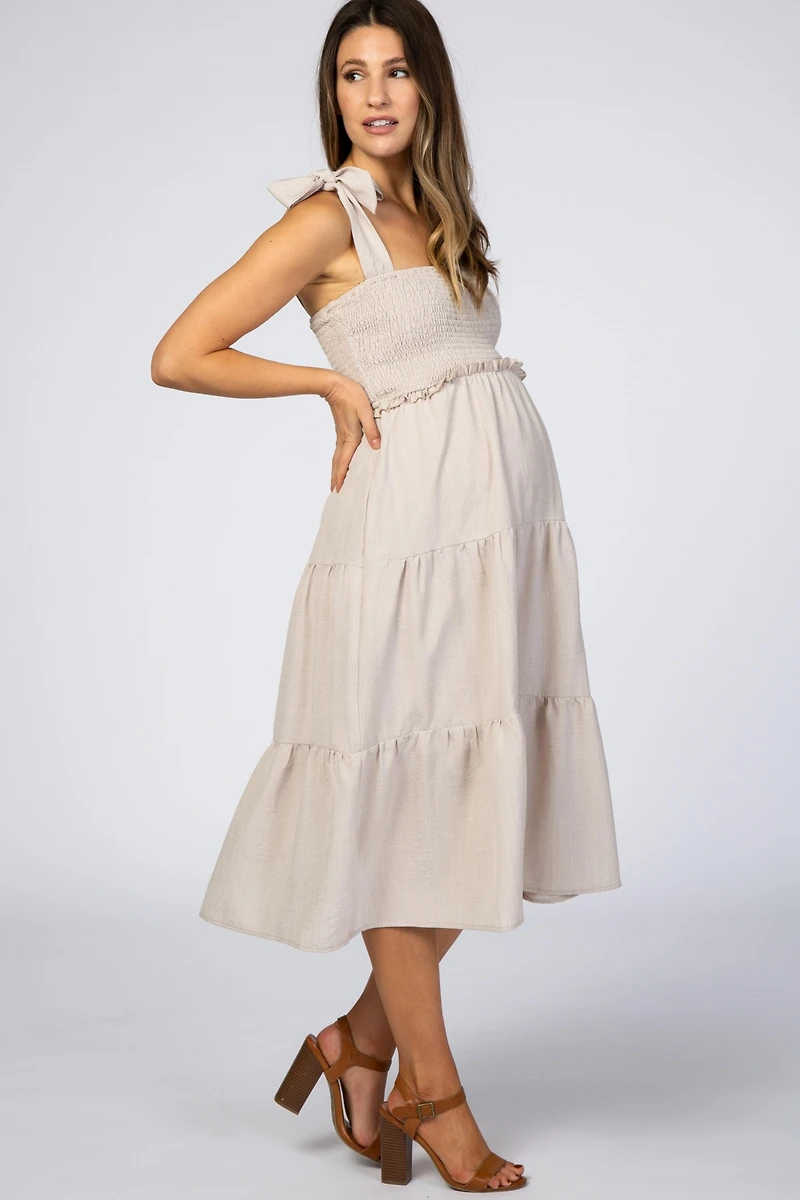 Pinkblush Maternity Beige Bow Strap Tiered Midi Dress