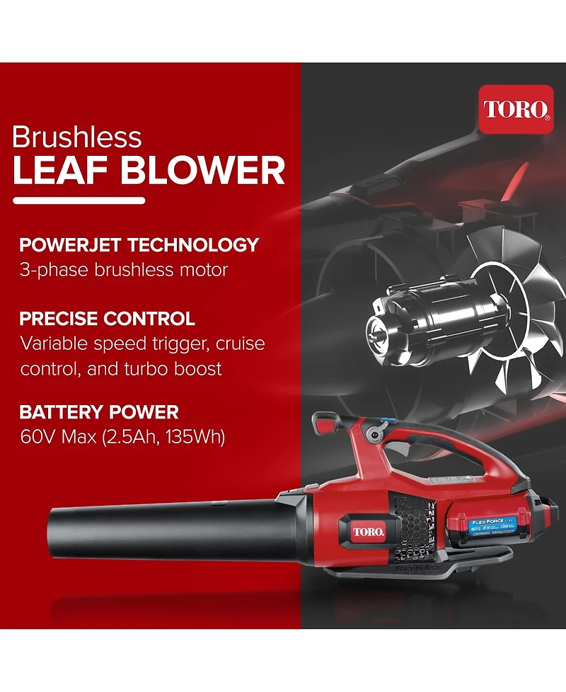 Toro 60 Volt Brushless Cordless Leaf Blower with 2.5 Ah Battery and Charger