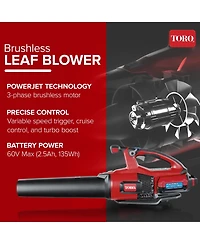 Toro 60 Volt Brushless Cordless Leaf Blower with 2.5 Ah Battery and Charger