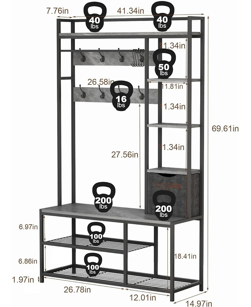 gaomon Hall Tree with Storage Bench - 41.34 In Freestanding Entryway Bench with Coat Rack, 5-In-1 Intelligent Design Featuring Shoe Storage