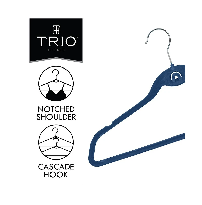 Trio Essentials 50PK Heavy Duty Velvet Hangers with Cascade Hook, 360 Degree Rotatable Hook Navy