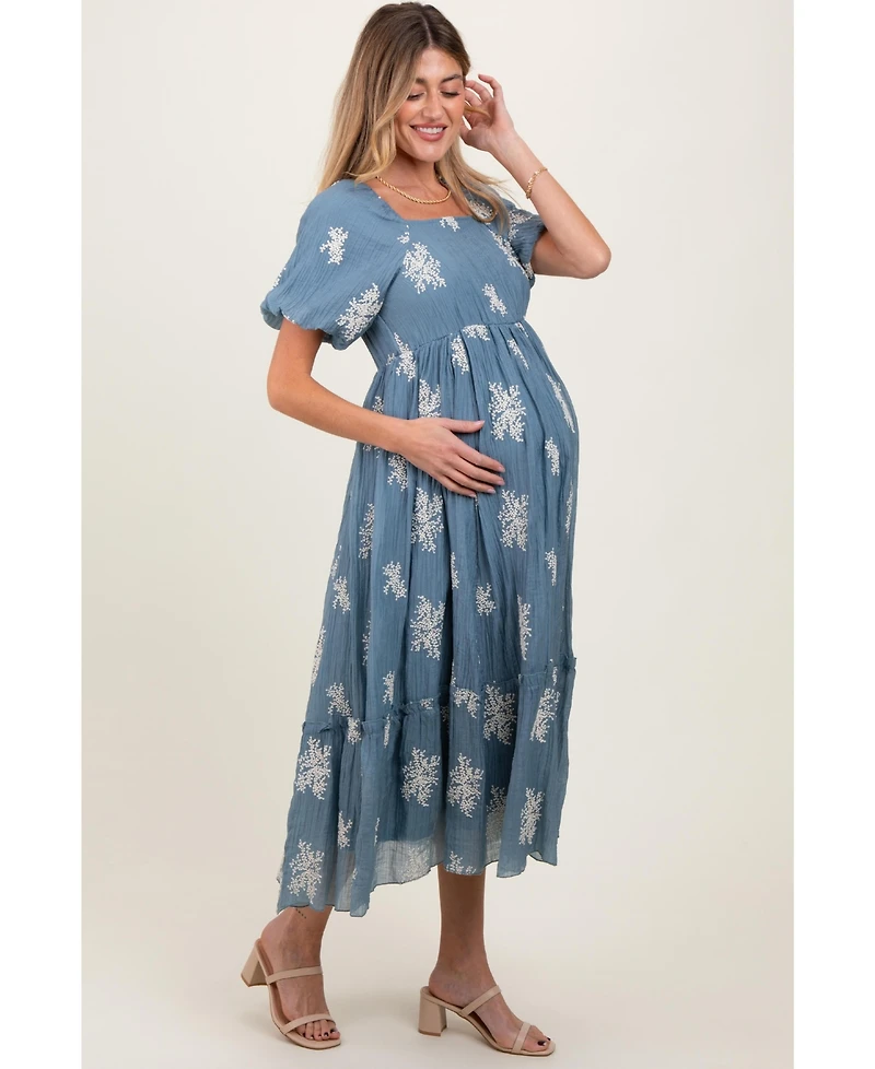 Pinkblush Maternity Blue Floral Print Ruffle Hem Midi Dress