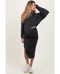 Pinkblush Maternity Charcoal Ribbed Knit Asymmetric Top Midi Skirt Set