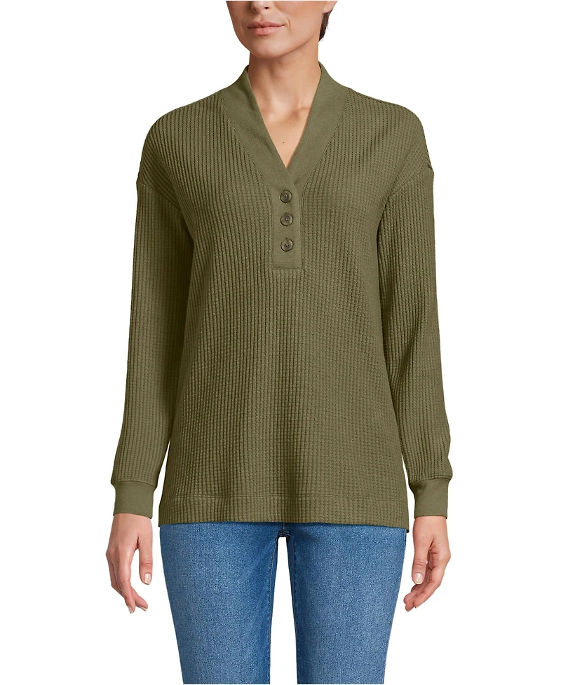 Lands' End Women's Long Sleeve Waffle Shawl Collar Henley