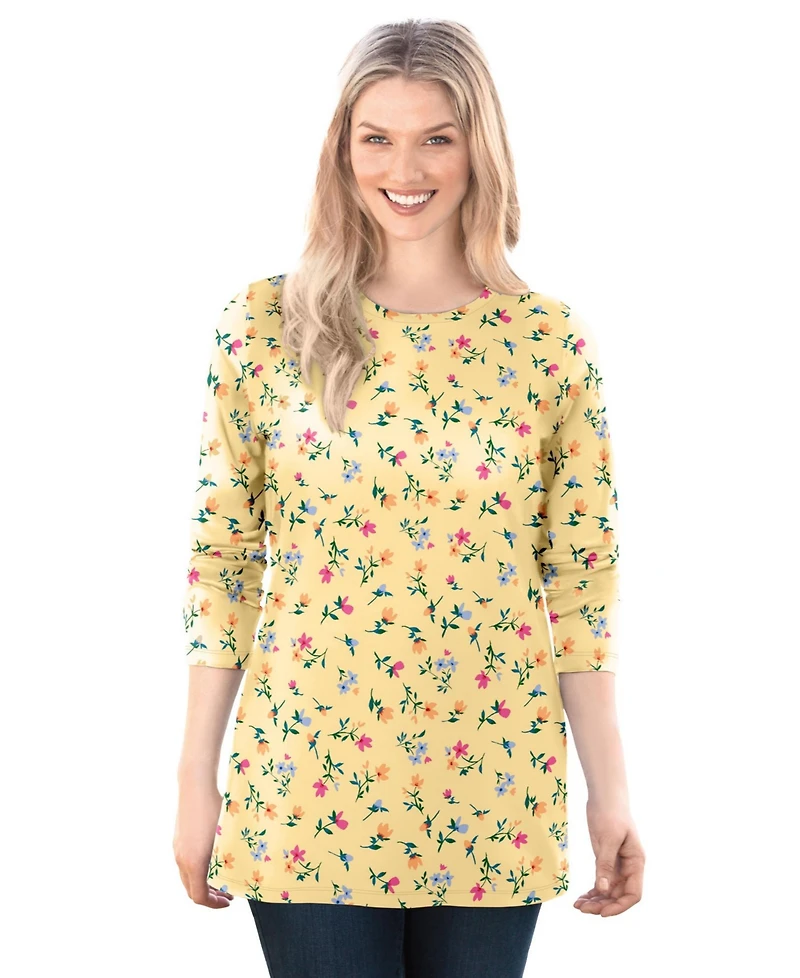 Woman Within Plus Perfect Printed Long-Sleeve Crewneck Tee