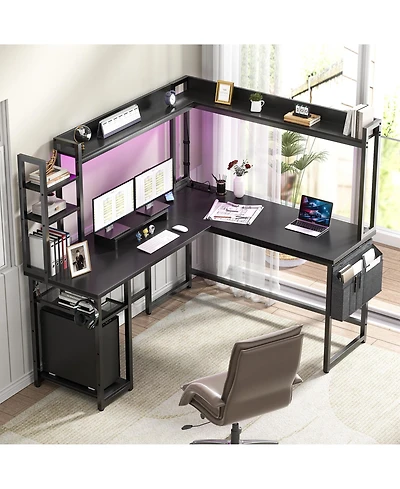 Aheaplus L-Shaped Desk with Hutch & Power Outlet, Corner Computer Led Lights