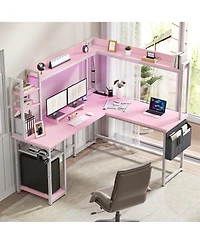 Aheaplus L-Shaped Desk with Hutch & Power Outlet, Corner Computer Desk with Led Lights