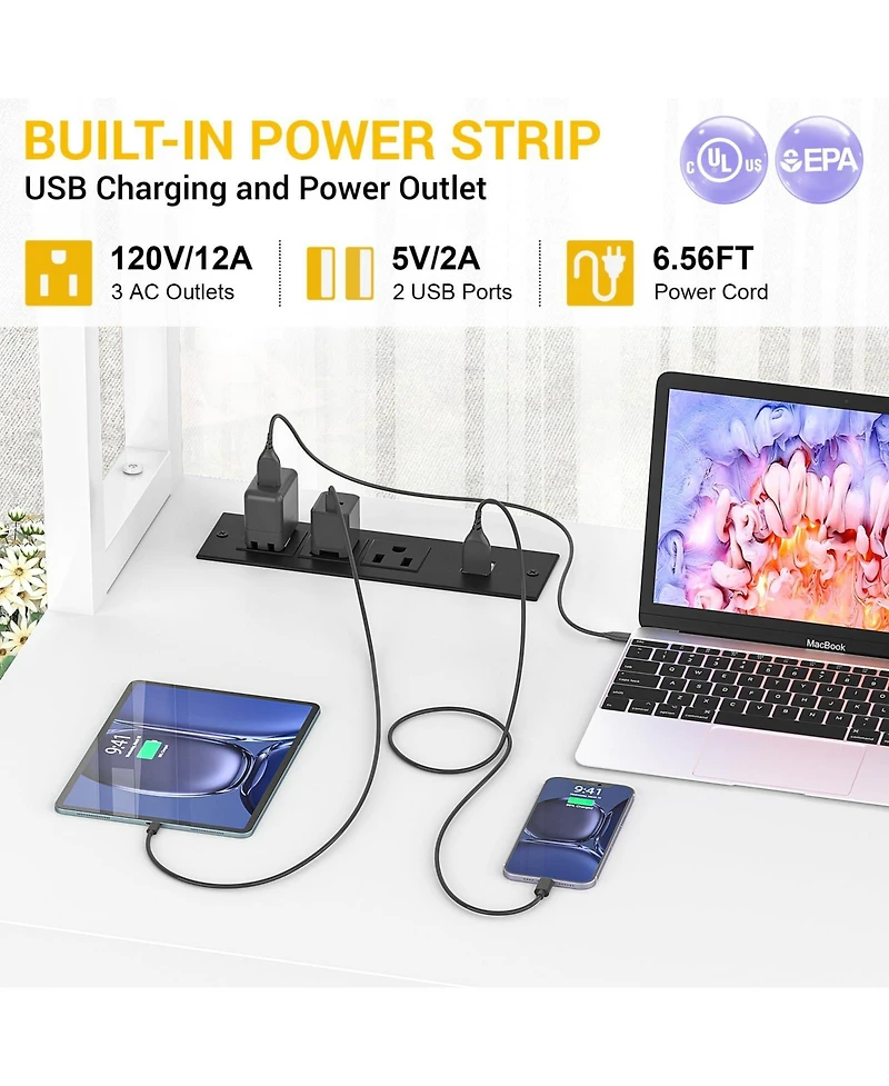 Aheaplus L-Shaped Desk with Hutch & Power Outlet, Corner Computer Led Lights