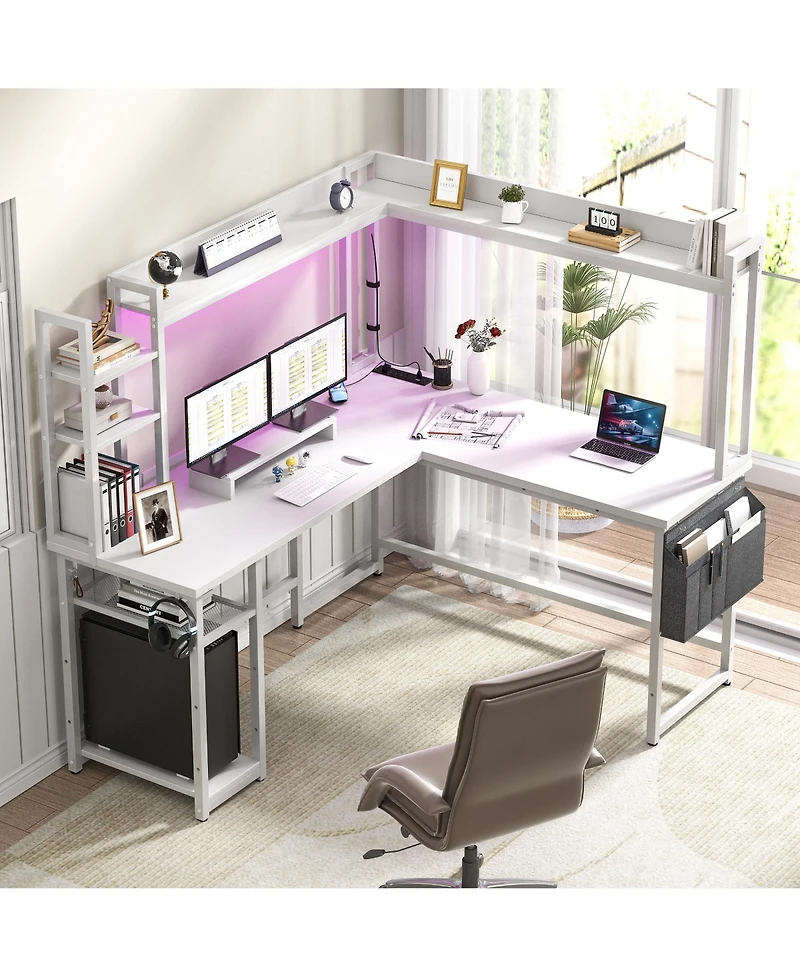 Aheaplus L-Shaped Desk with Hutch & Power Outlet, Corner Computer Led Lights