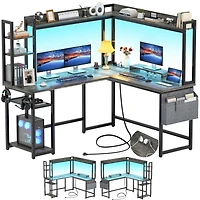Aheaplus L-Shaped Desk with Hutch & Power Outlet, Corner Computer Led Lights