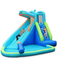 Inflatable Hippo Water Slide with Climbing Wall and Splash Pool for Kids