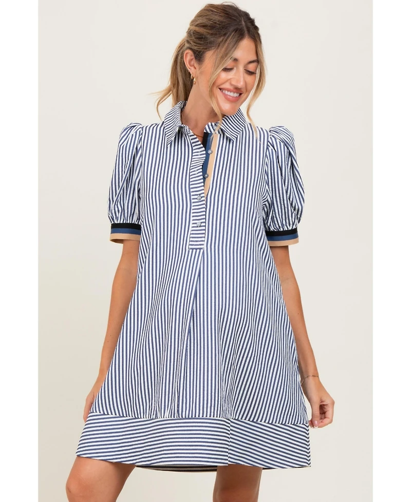 Pinkblush Maternity Navy Blue Striped Puff Sleeve Mini Shirt Dress