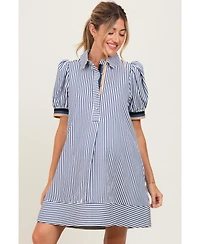 Pinkblush Maternity Navy Blue Striped Puff Sleeve Mini Shirt Dress