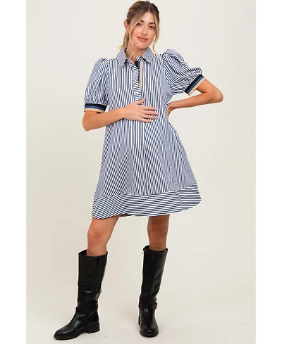 Pinkblush Maternity Navy Blue Striped Puff Sleeve Mini Shirt Dress