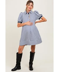 Pinkblush Maternity Navy Blue Striped Puff Sleeve Mini Shirt Dress
