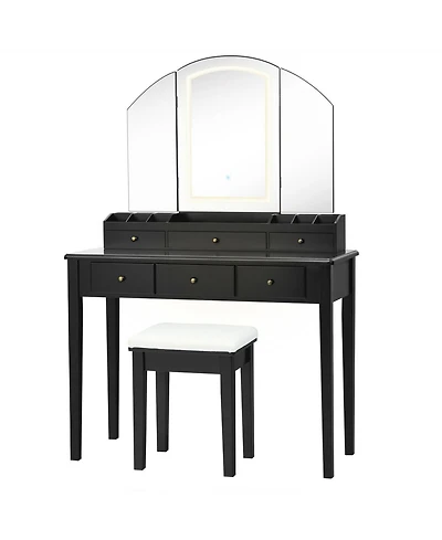 Volenca Vanity Table Stool Set with Large Tri-folding Lighted Mirror