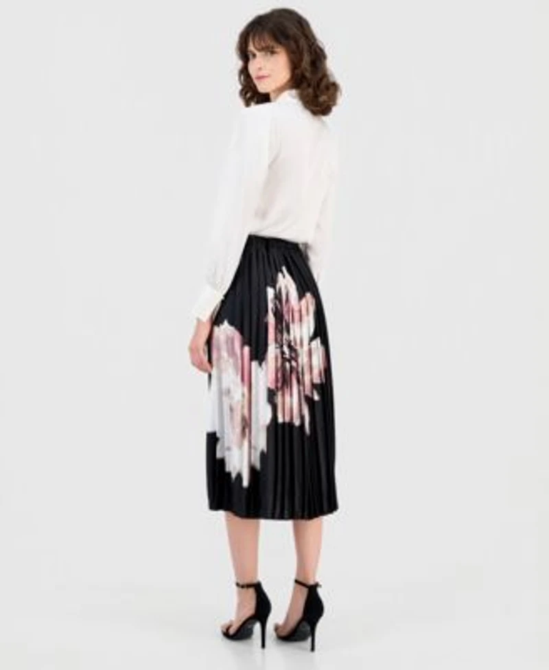 Anne Klein Womens V Neck Button Front Blouse Printed Pleated Midi Skirt