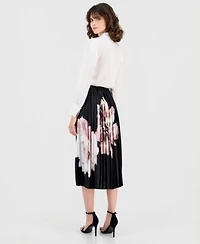 Anne Klein Womens V Neck Button Front Blouse Printed Pleated Midi Skirt