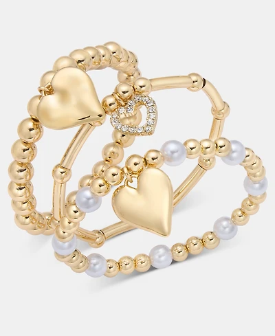 I.n.c. International Concepts 3-Pc. Set Pave Heart Imitation Pearl Beaded Stretch Bracelets, Macy's Exclusive