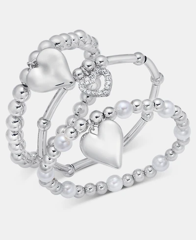 I.n.c. International Concepts 3-Pc. Set Pave Heart Imitation Pearl Beaded Stretch Bracelets, Macy's Exclusive