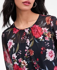 Robbie Bee Petite Floral Long-Sleeve Tiered-Hem Dress